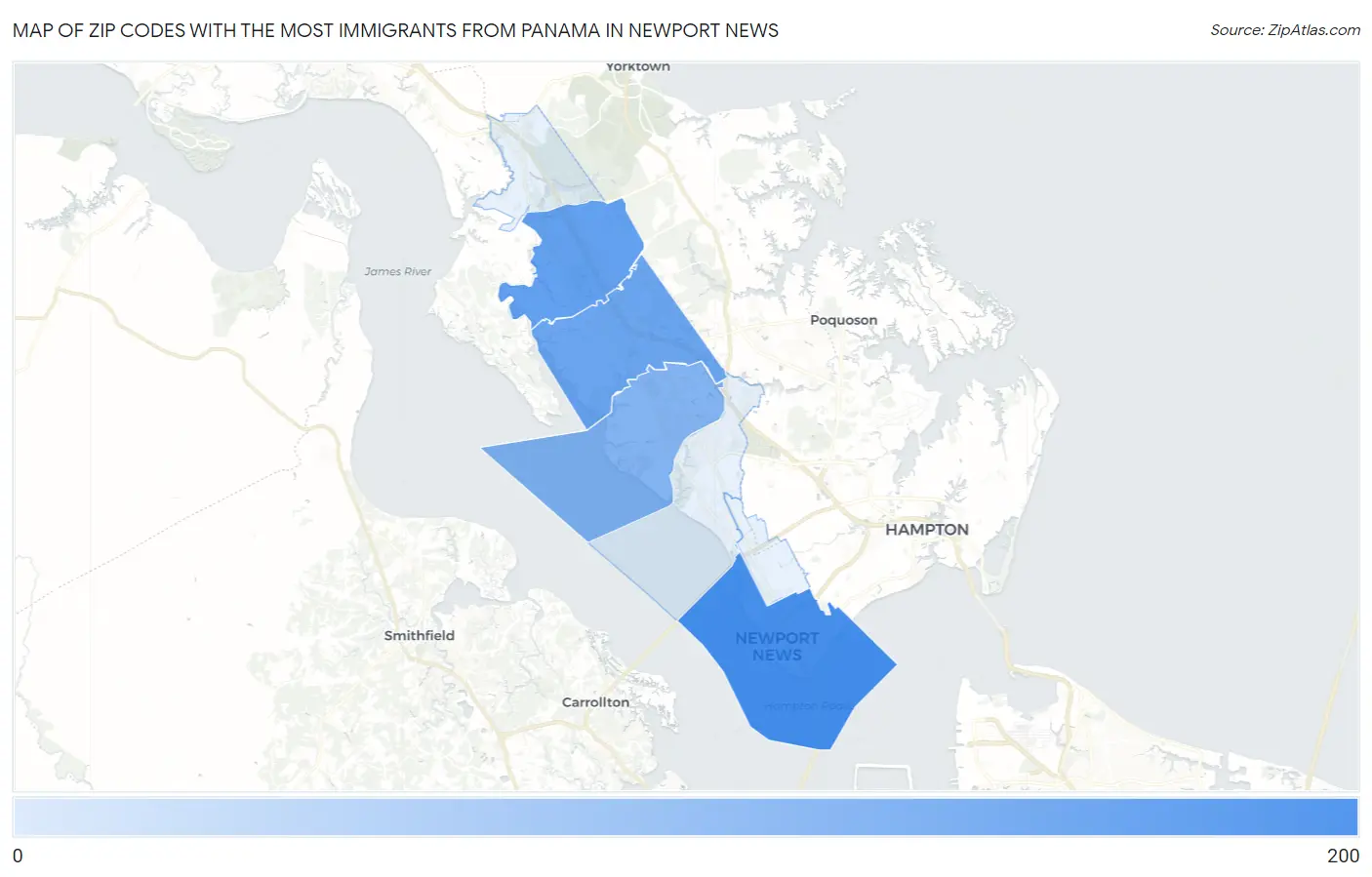 Zip Codes with the Most Immigrants from Panama in Newport News Map