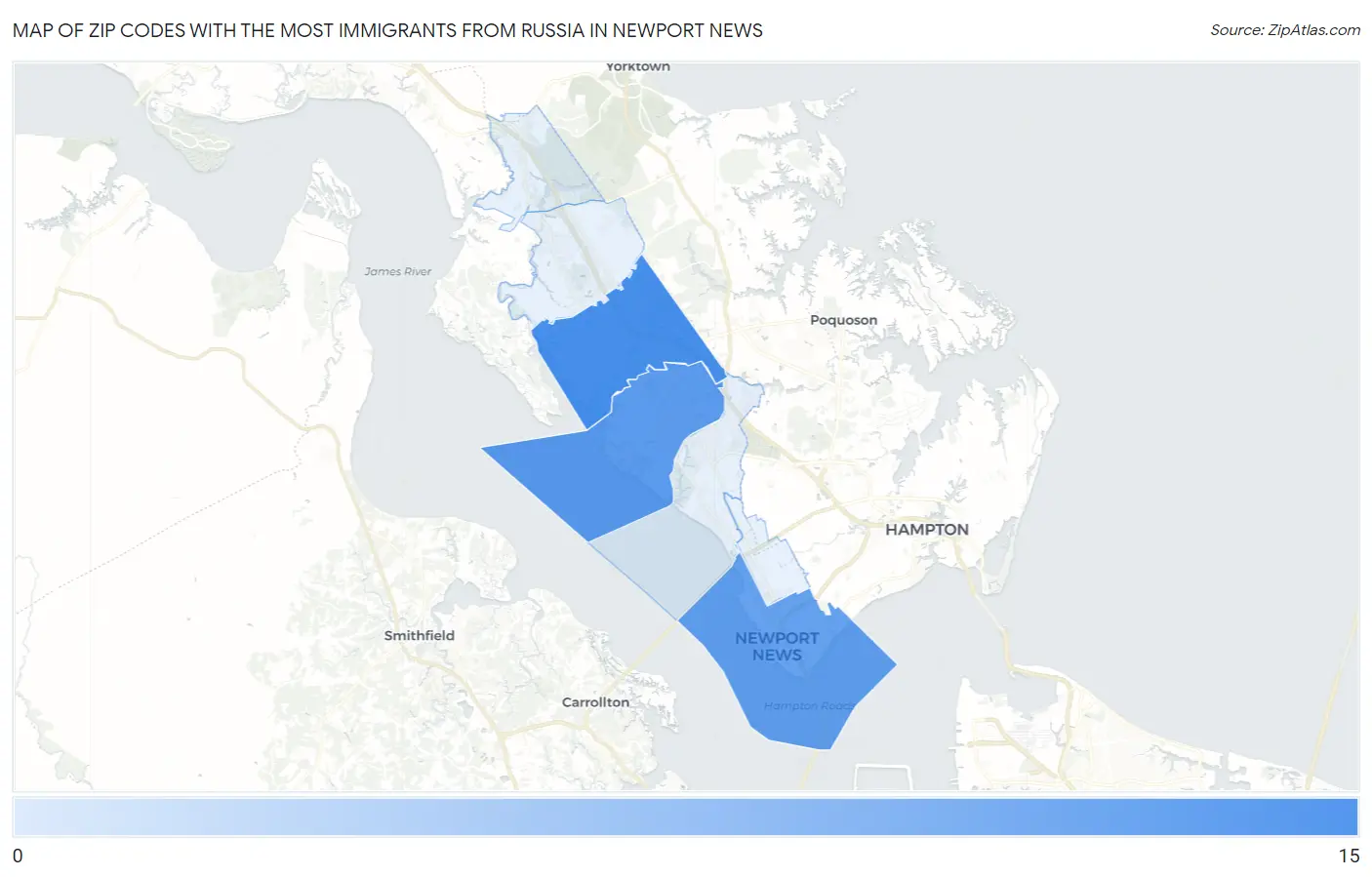 Zip Codes with the Most Immigrants from Russia in Newport News Map