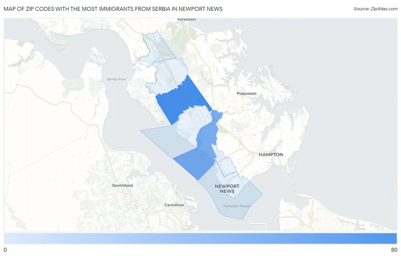 Zip Codes with the Most Immigrants from Serbia in Newport News Map