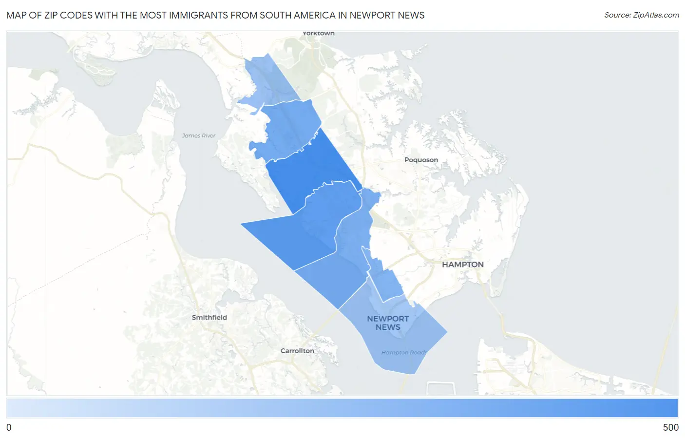 Zip Codes with the Most Immigrants from South America in Newport News Map
