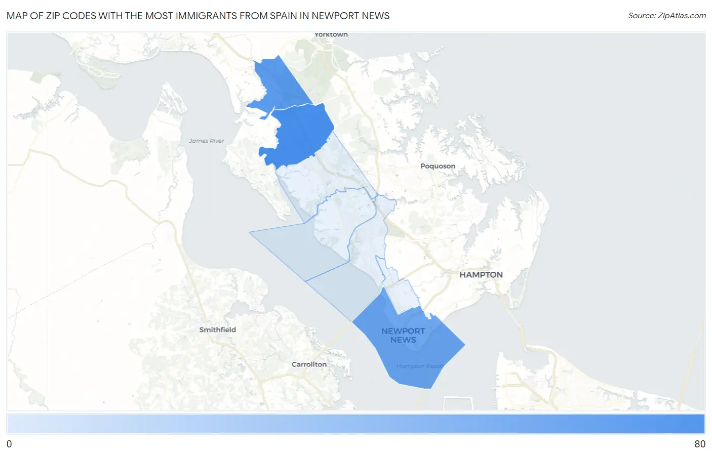 Zip Codes with the Most Immigrants from Spain in Newport News Map
