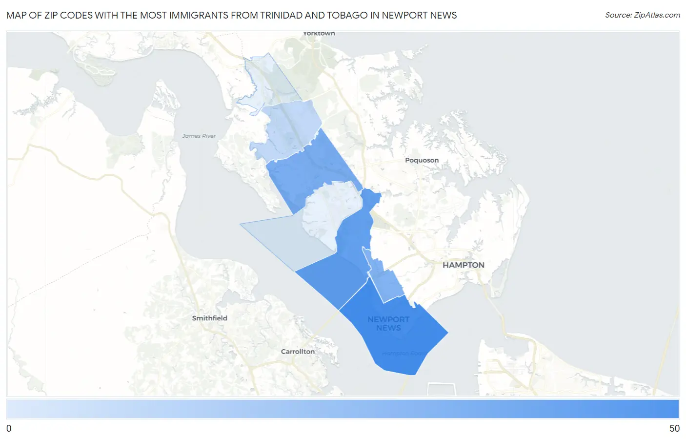 Zip Codes with the Most Immigrants from Trinidad and Tobago in Newport News Map