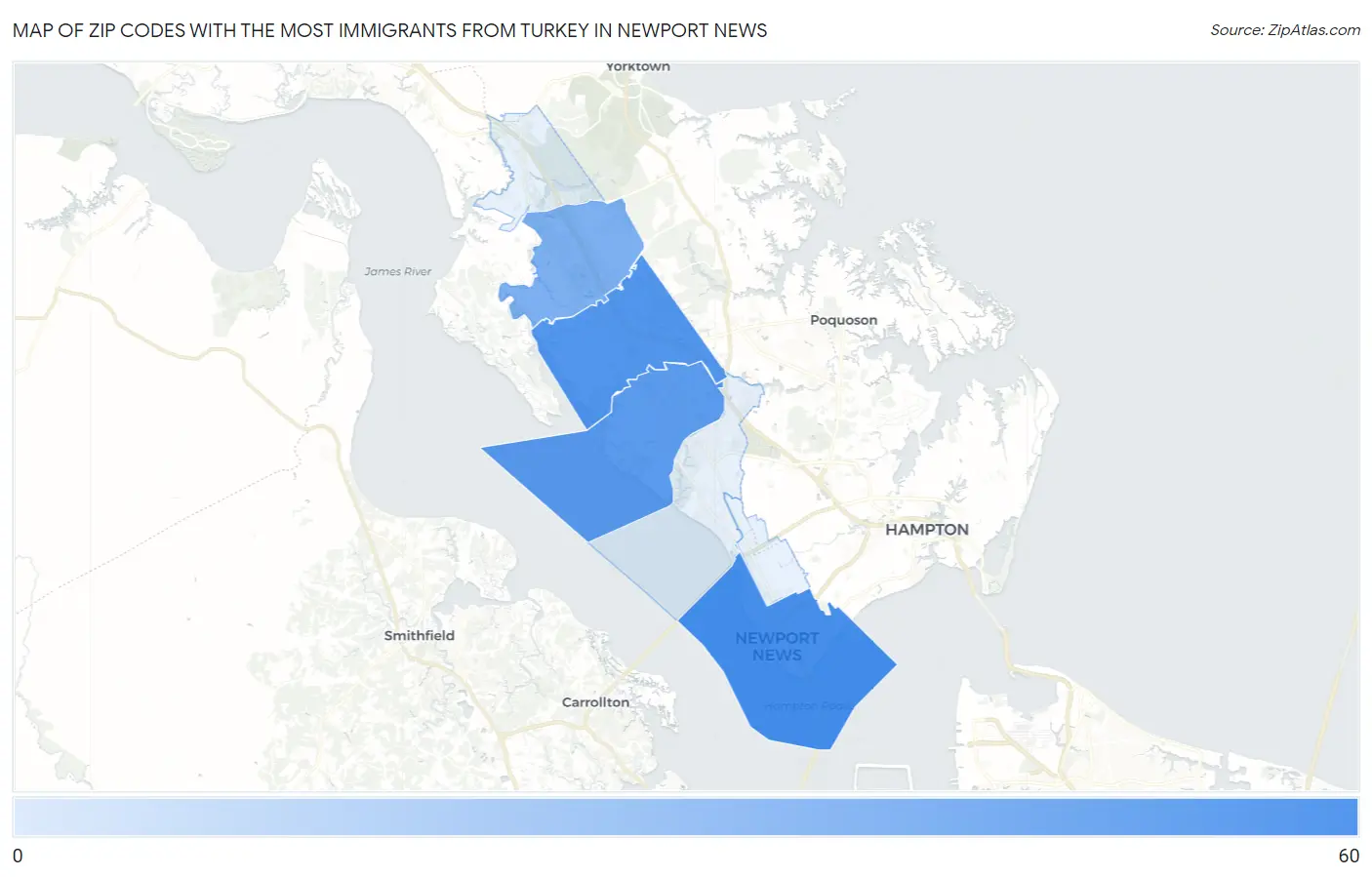 Zip Codes with the Most Immigrants from Turkey in Newport News Map