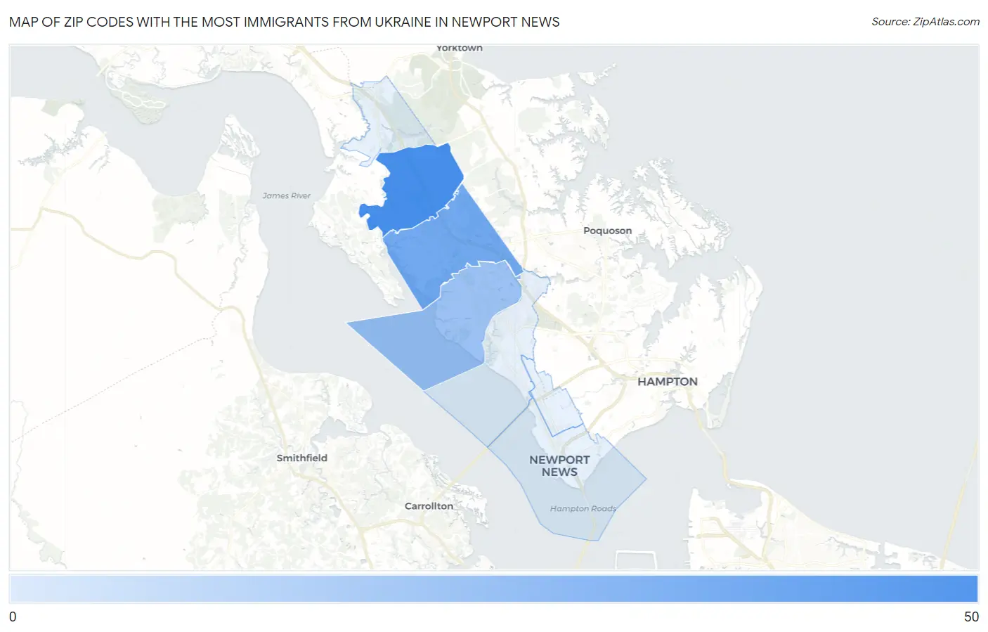 Zip Codes with the Most Immigrants from Ukraine in Newport News Map