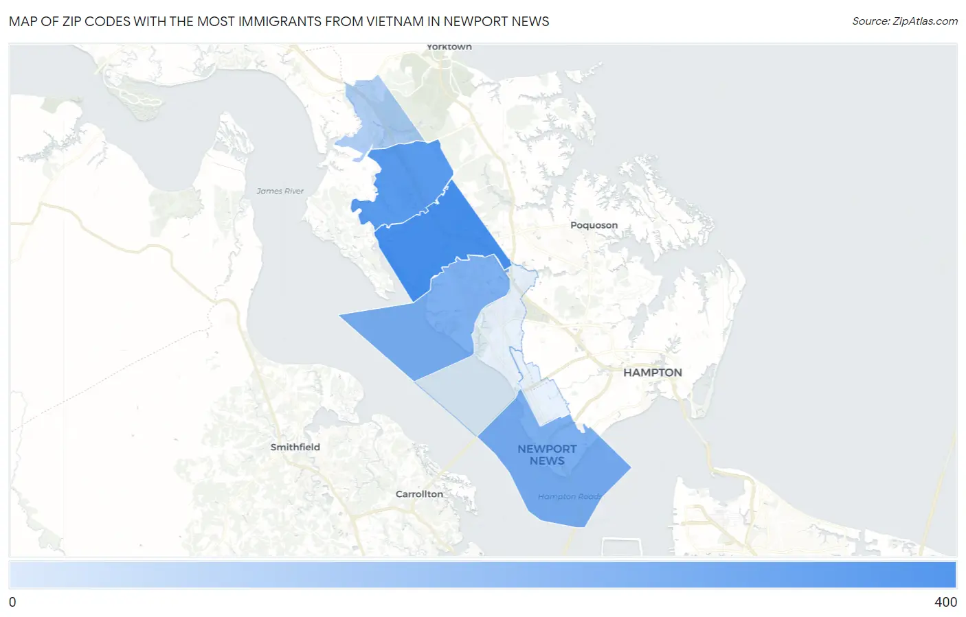 Zip Codes with the Most Immigrants from Vietnam in Newport News Map