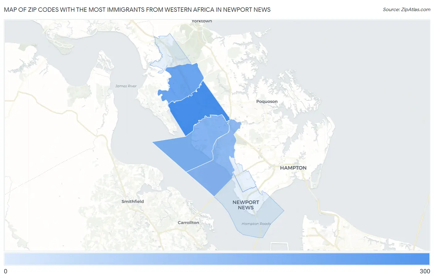 Zip Codes with the Most Immigrants from Western Africa in Newport News Map