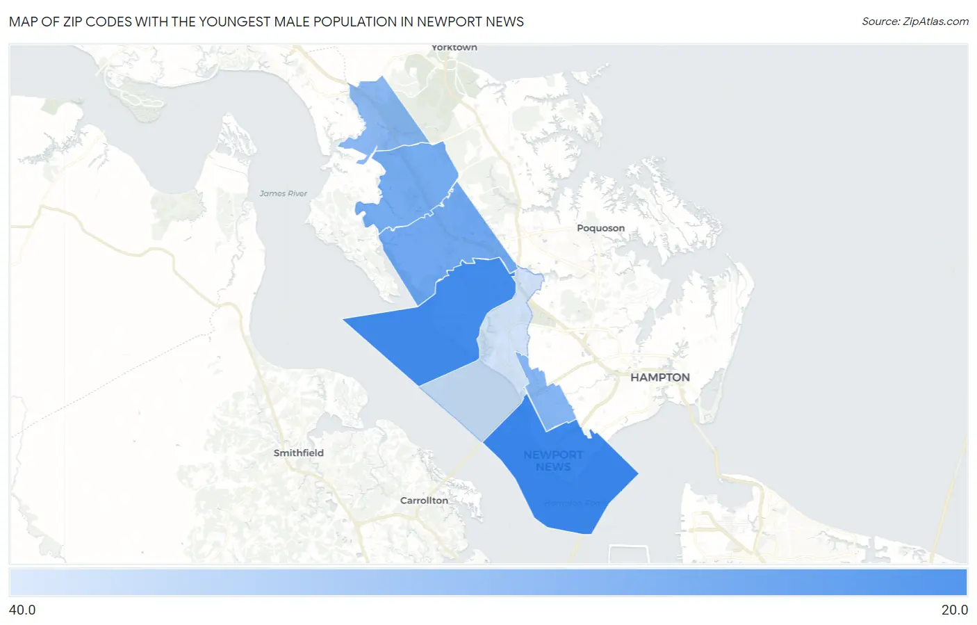 Zip Codes with the Youngest Male Population in Newport News Map