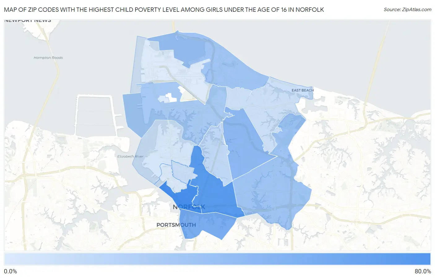 Zip Codes with the Highest Child Poverty Level Among Girls Under the Age of 16 in Norfolk Map