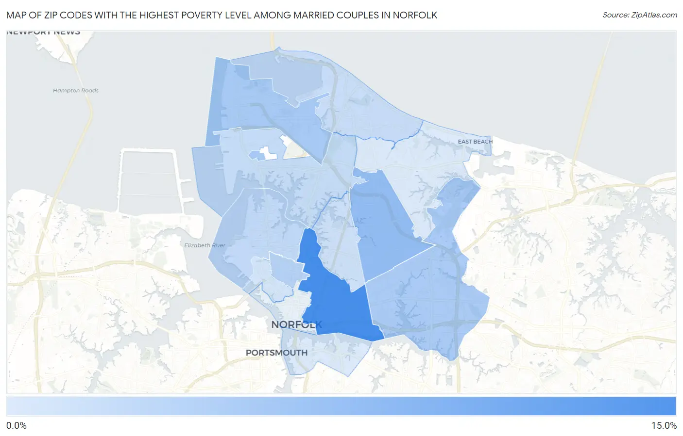 Zip Codes with the Highest Poverty Level Among Married Couples in Norfolk Map