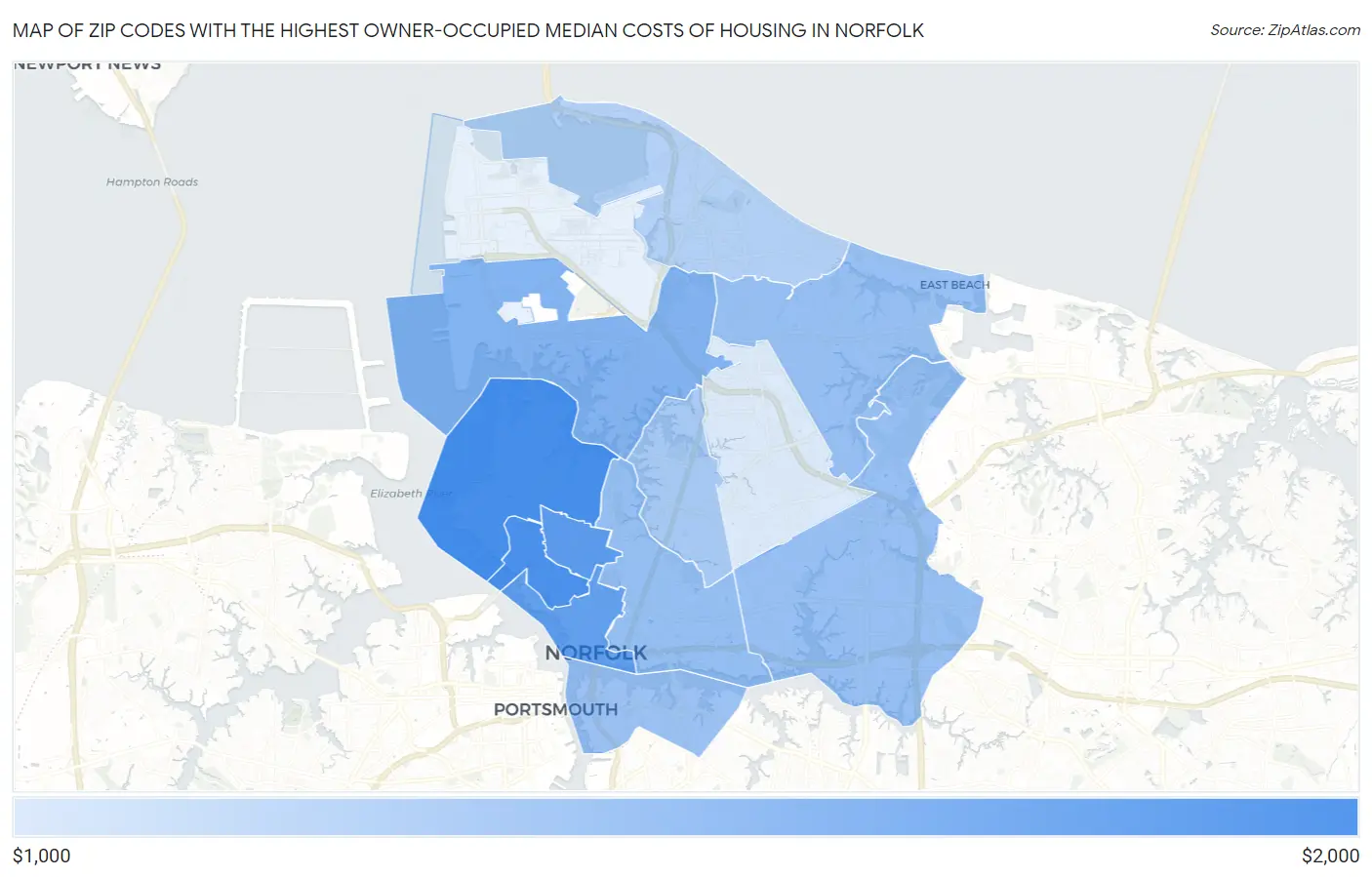 Zip Codes with the Highest Owner-Occupied Median Costs of Housing in Norfolk Map