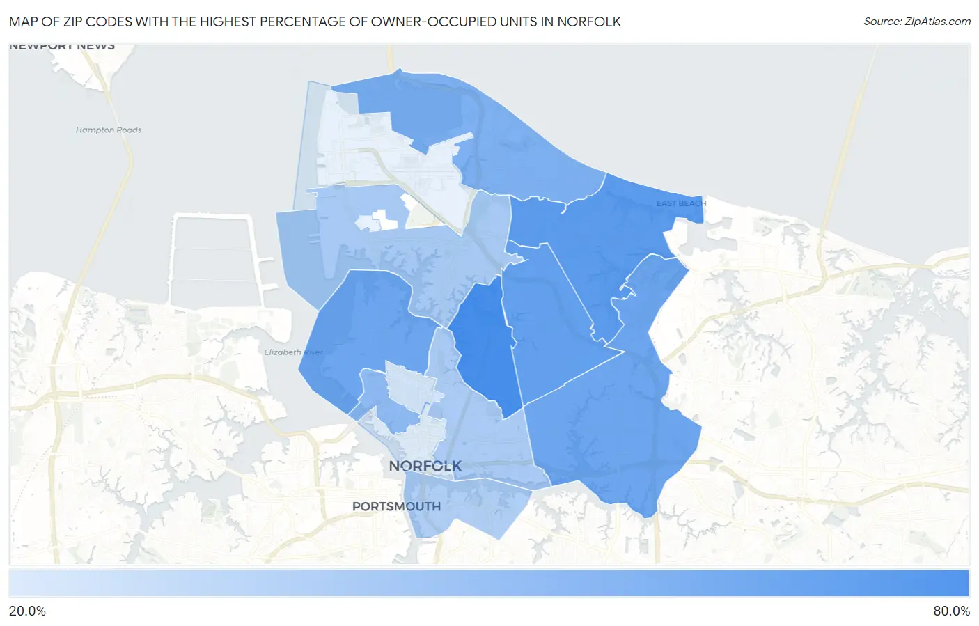 Zip Codes with the Highest Percentage of Owner-Occupied Units in Norfolk Map