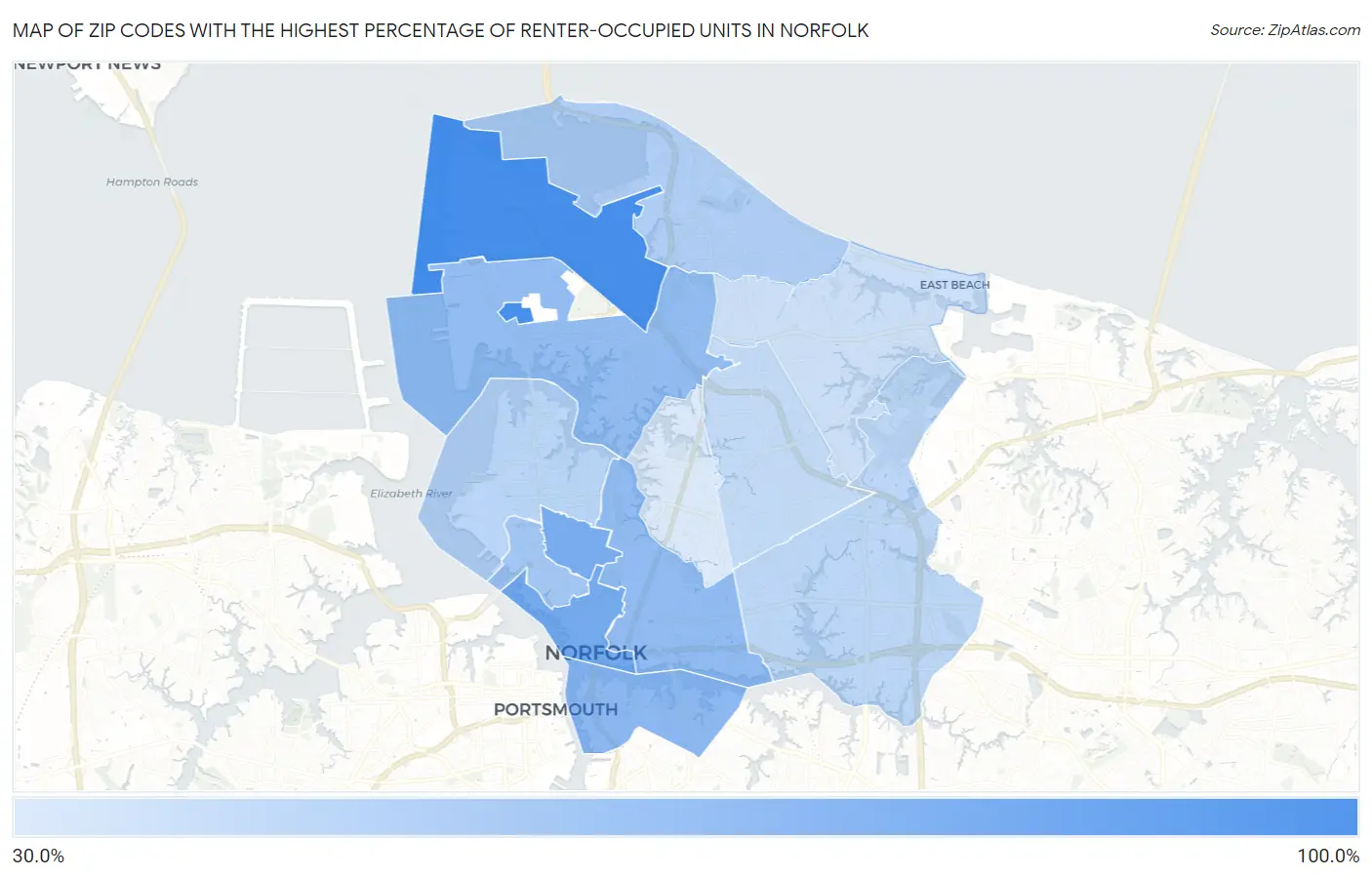 Zip Codes with the Highest Percentage of Renter-Occupied Units in Norfolk Map