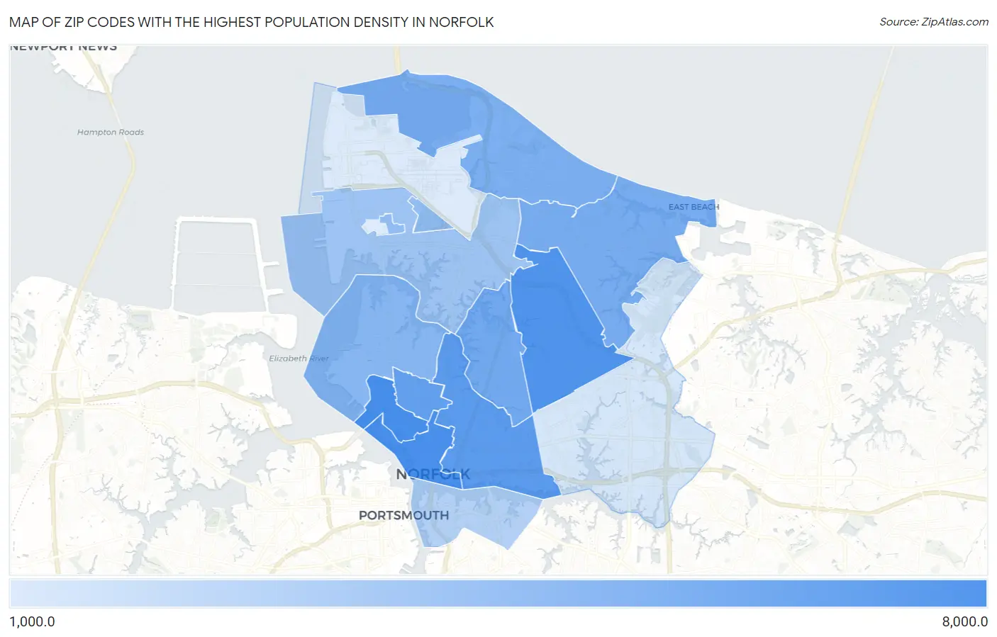 Zip Codes with the Highest Population Density in Norfolk Map