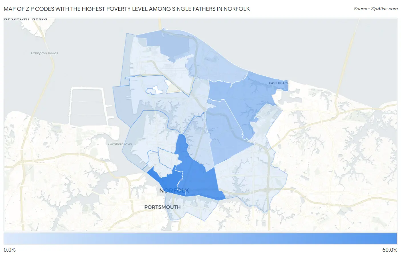 Zip Codes with the Highest Poverty Level Among Single Fathers in Norfolk Map