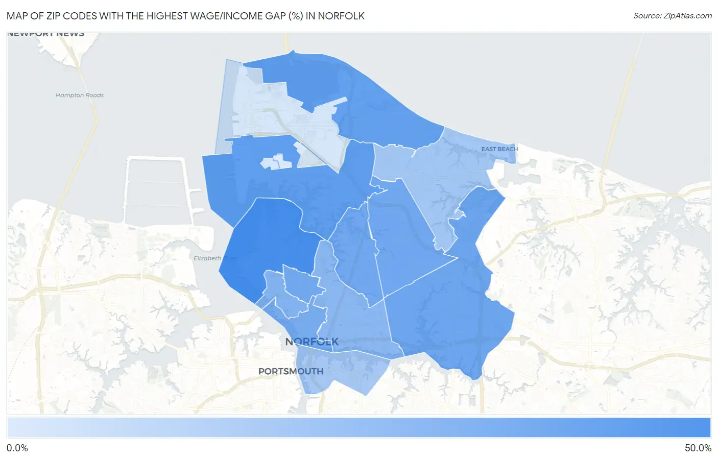 Zip Codes with the Highest Wage/Income Gap (%) in Norfolk Map
