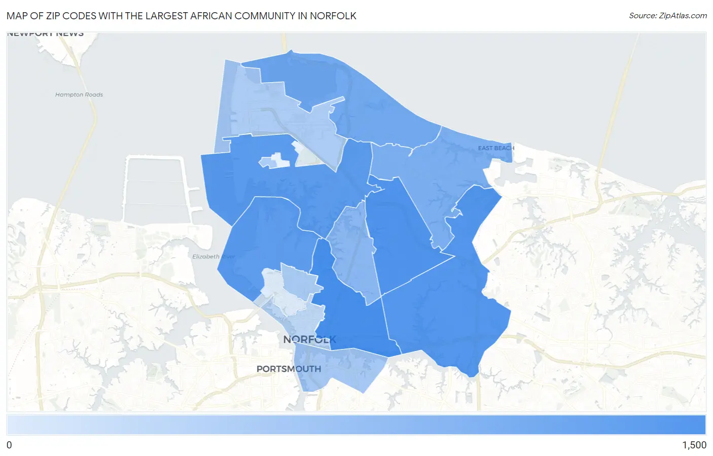 Zip Codes with the Largest African Community in Norfolk Map