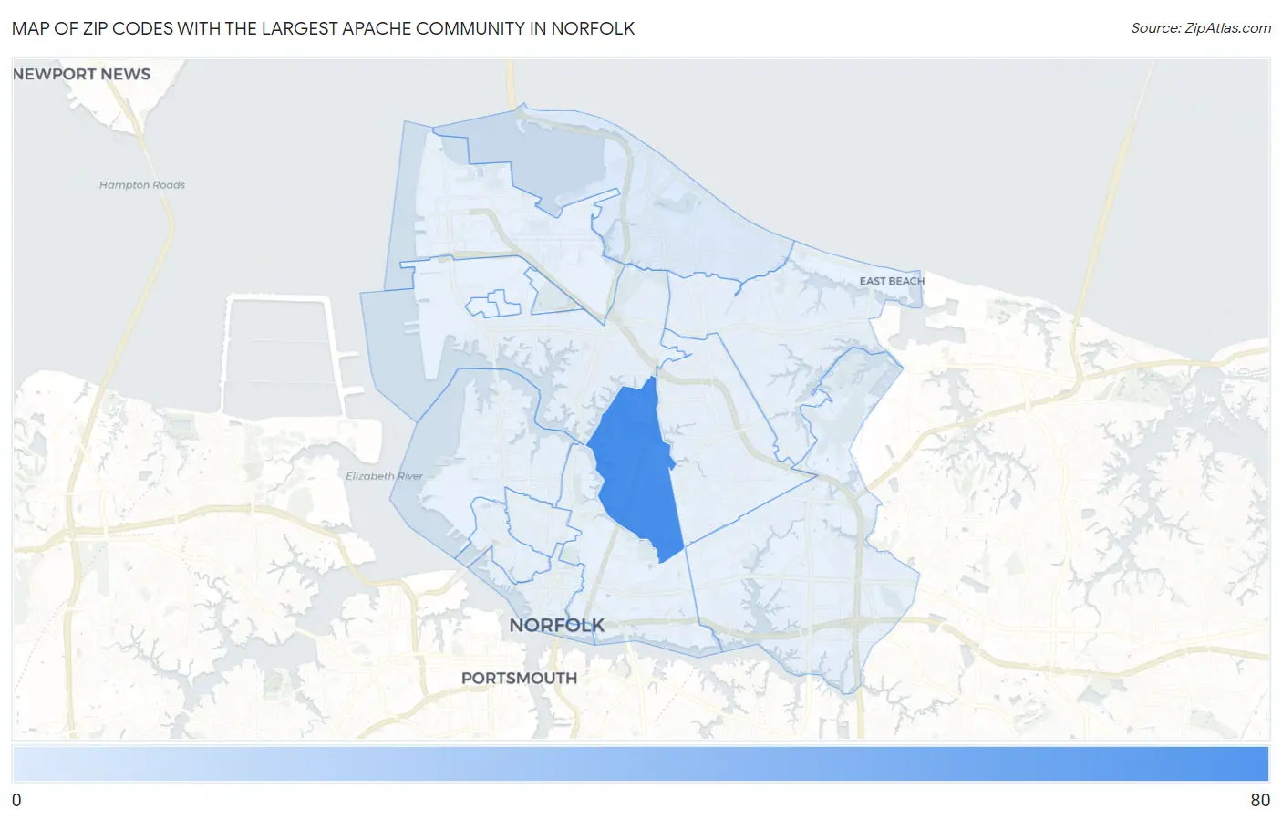 Zip Codes with the Largest Apache Community in Norfolk Map