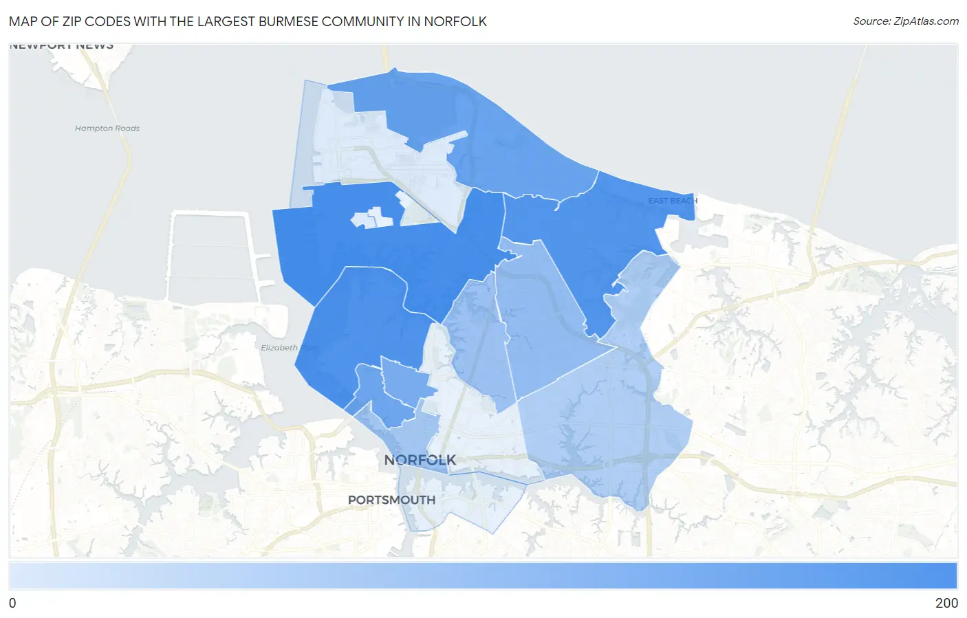 Zip Codes with the Largest Burmese Community in Norfolk Map