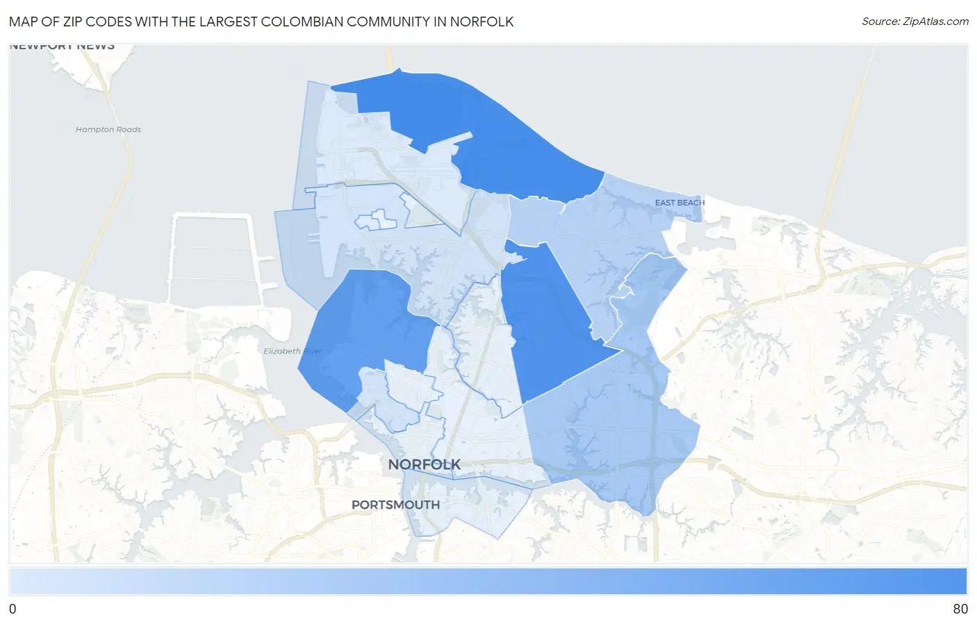 Zip Codes with the Largest Colombian Community in Norfolk Map
