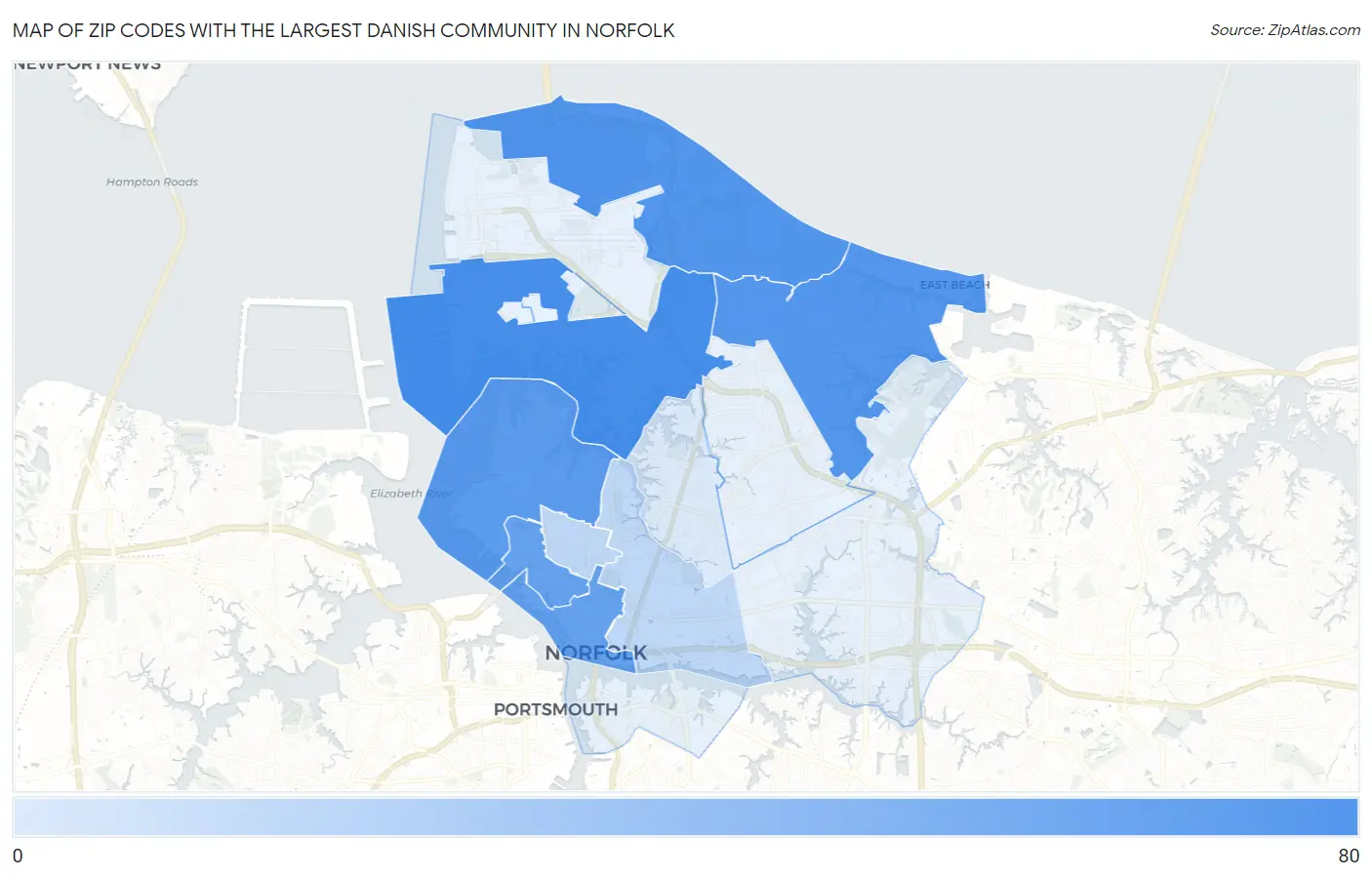 Zip Codes with the Largest Danish Community in Norfolk Map
