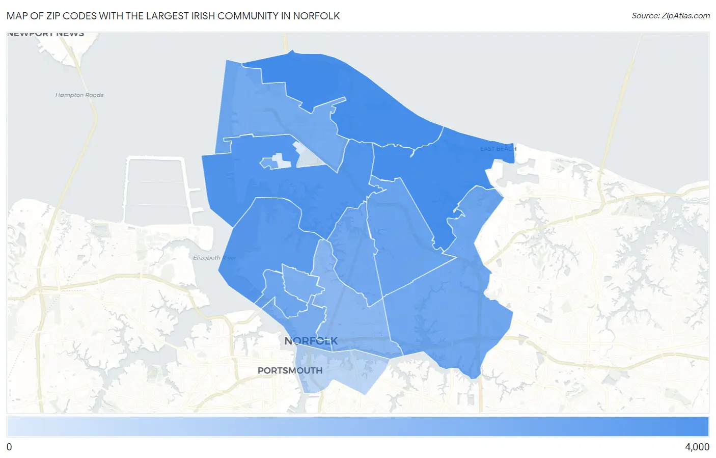 Zip Codes with the Largest Irish Community in Norfolk Map