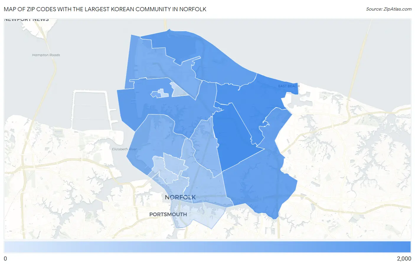 Zip Codes with the Largest Korean Community in Norfolk Map