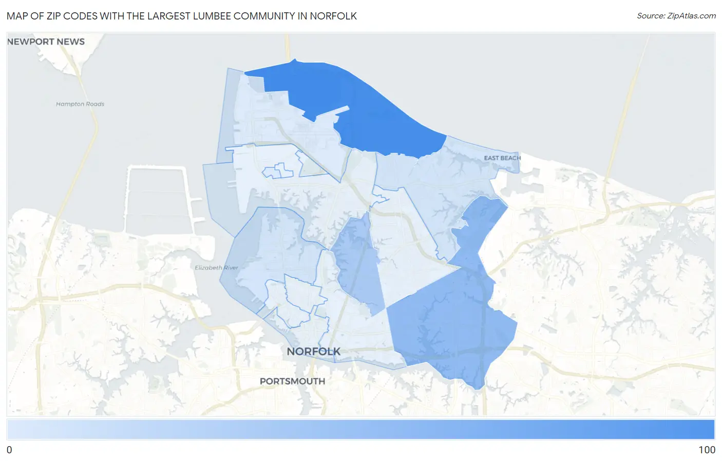 Zip Codes with the Largest Lumbee Community in Norfolk Map