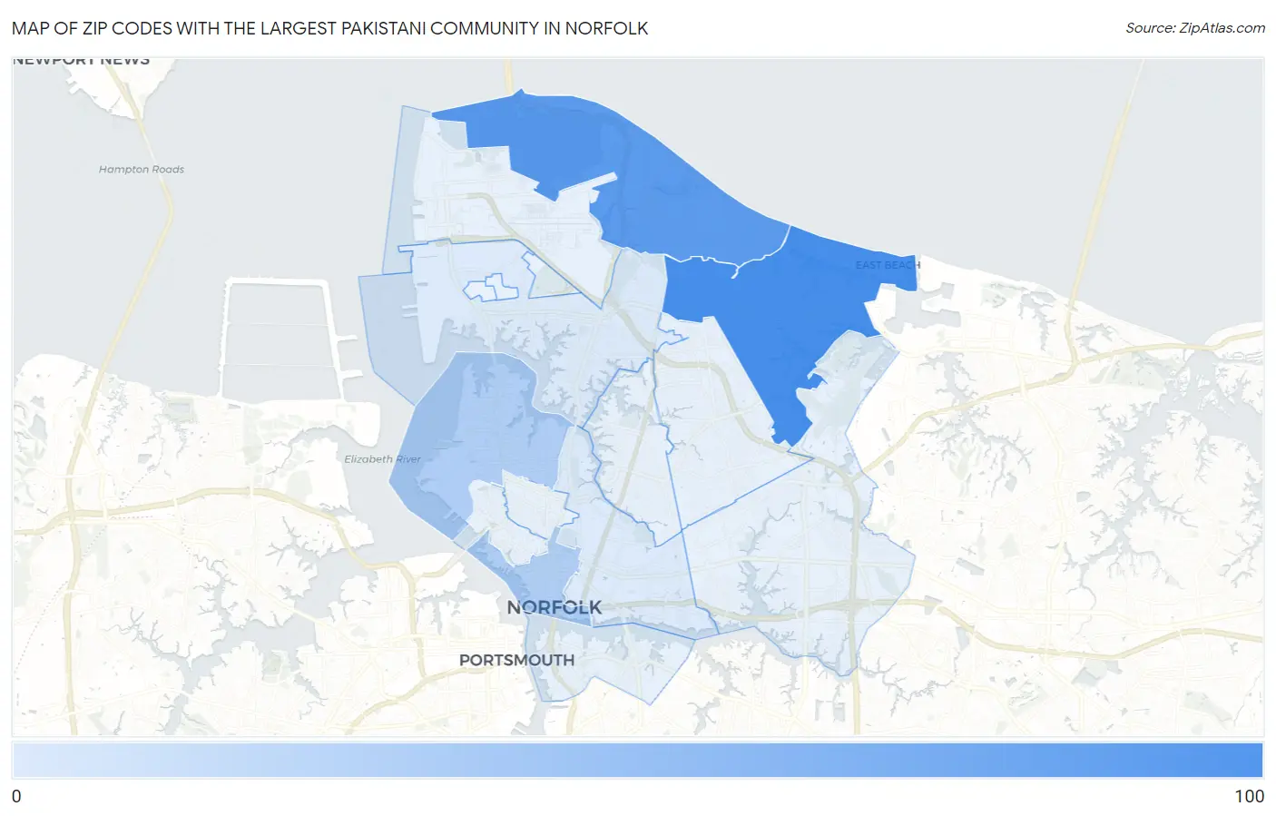 Zip Codes with the Largest Pakistani Community in Norfolk Map