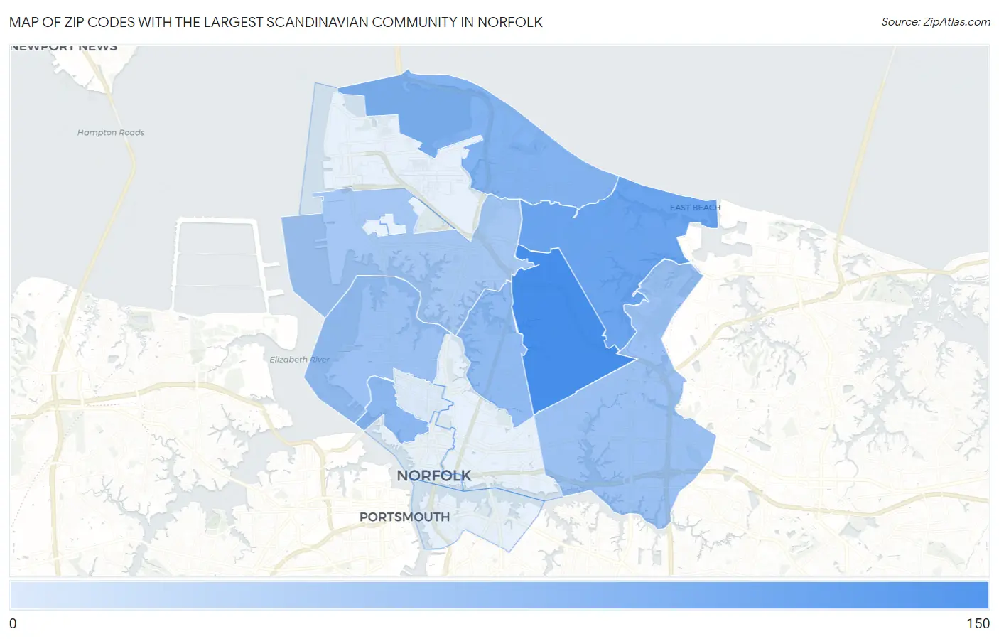 Zip Codes with the Largest Scandinavian Community in Norfolk Map