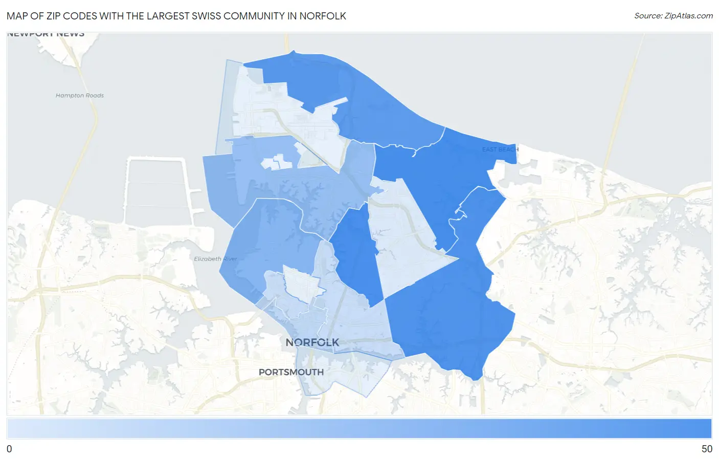 Zip Codes with the Largest Swiss Community in Norfolk Map