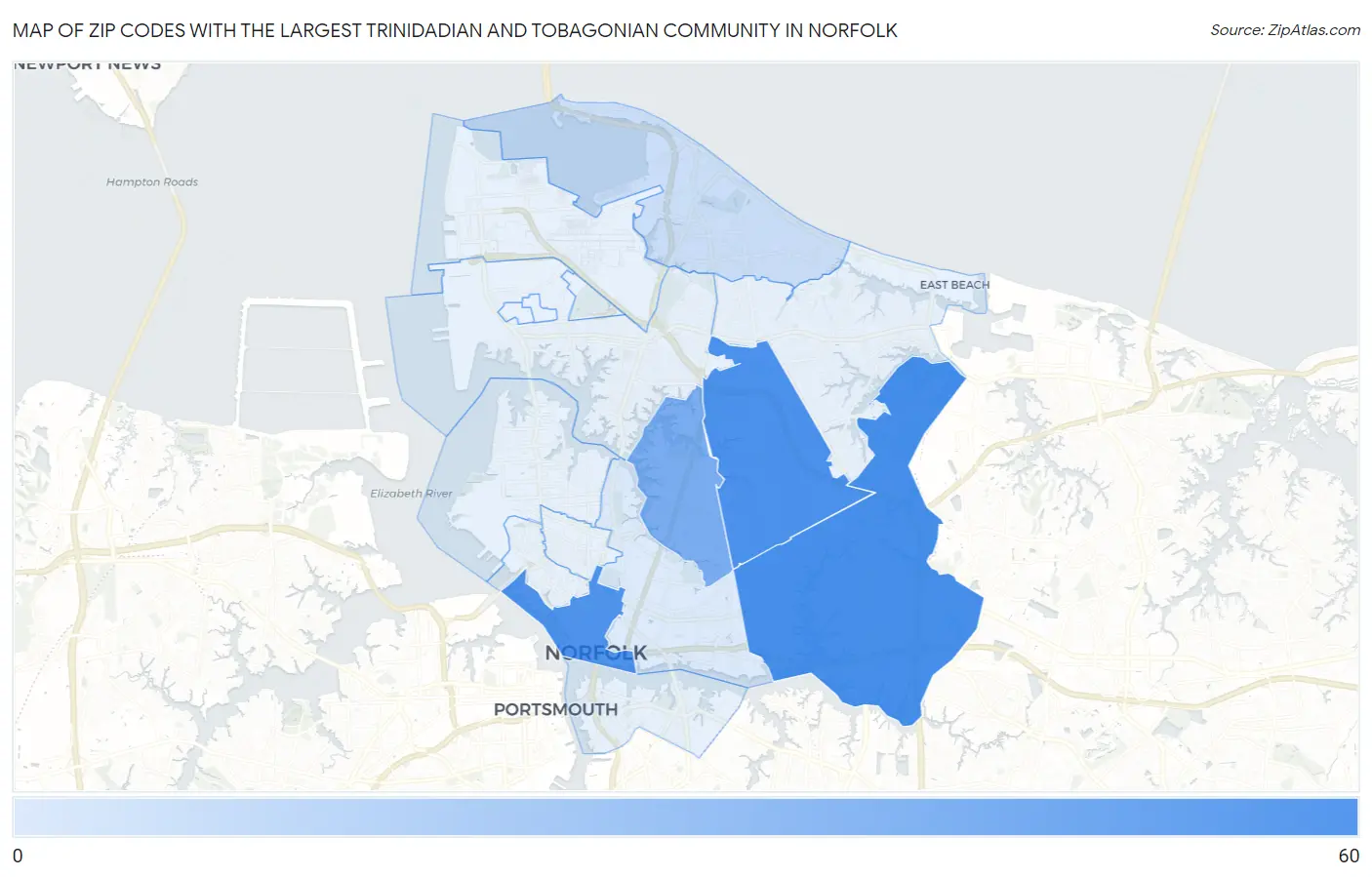 Zip Codes with the Largest Trinidadian and Tobagonian Community in Norfolk Map