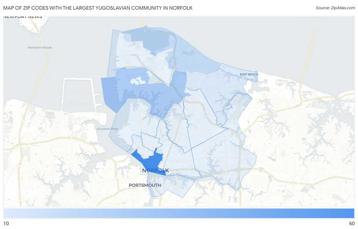 Zip Codes with the Largest Yugoslavian Community in Norfolk Map