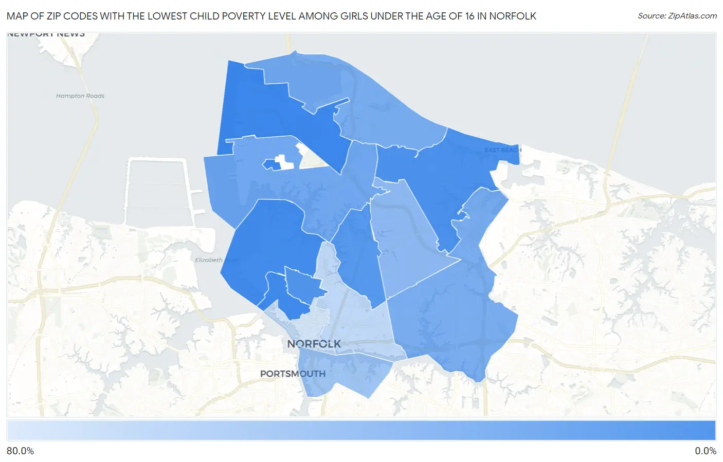 Zip Codes with the Lowest Child Poverty Level Among Girls Under the Age of 16 in Norfolk Map