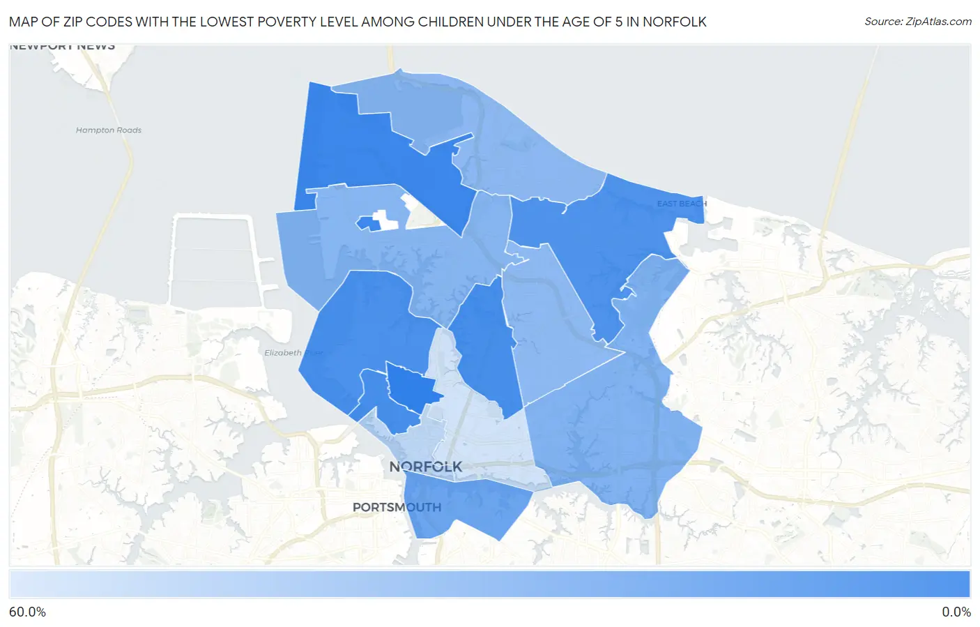 Zip Codes with the Lowest Poverty Level Among Children Under the Age of 5 in Norfolk Map