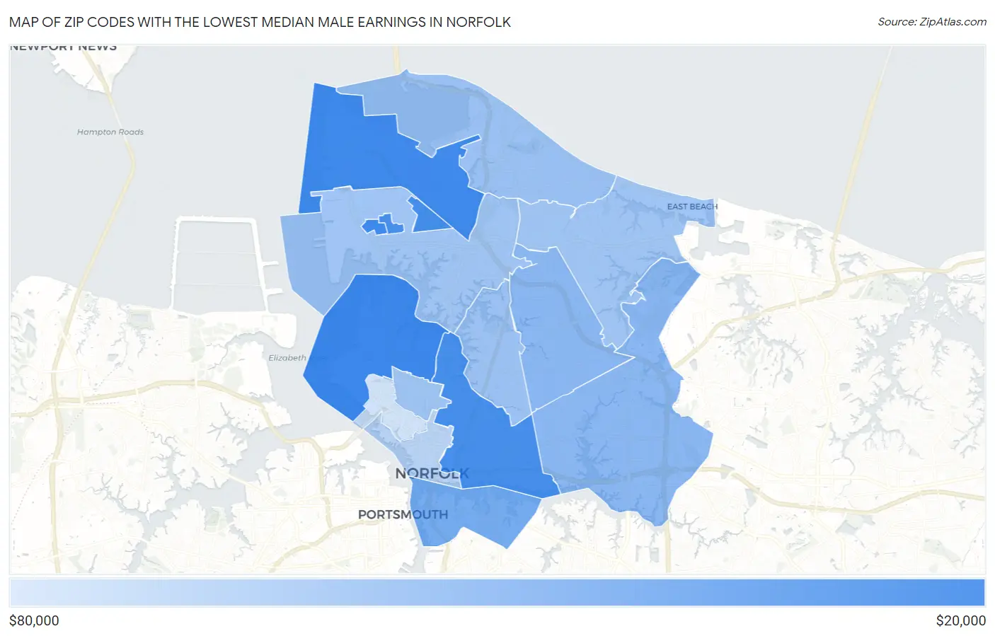 Zip Codes with the Lowest Median Male Earnings in Norfolk Map