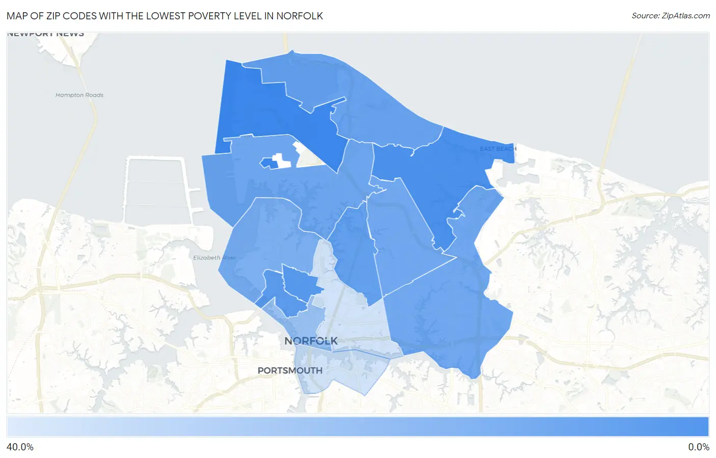 Zip Codes with the Lowest Poverty Level in Norfolk Map