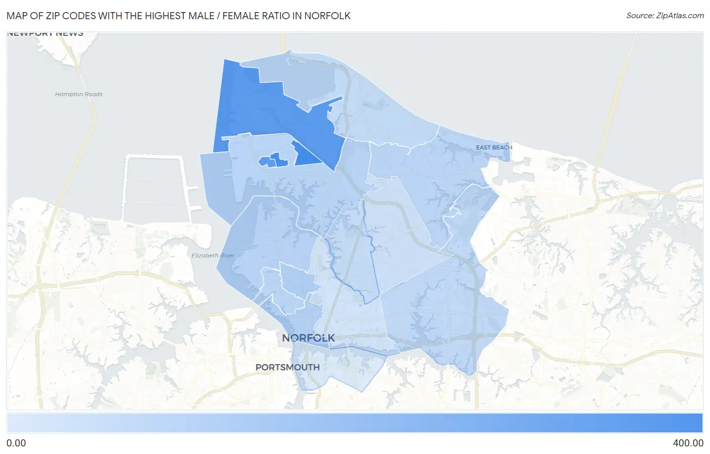Zip Codes with the Highest Male / Female Ratio in Norfolk Map