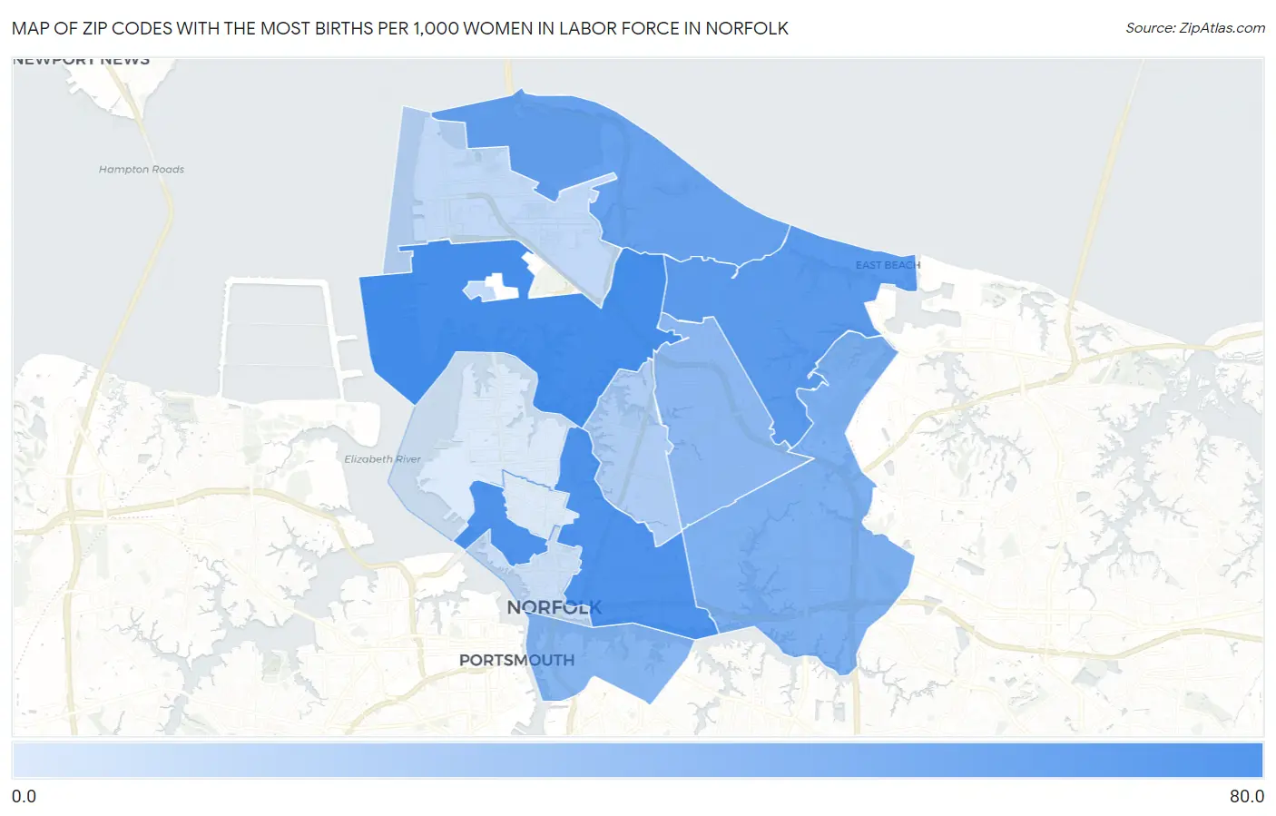 Zip Codes with the Most Births per 1,000 Women in Labor Force in Norfolk Map