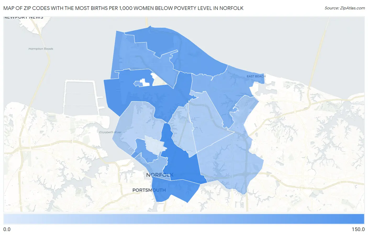 Zip Codes with the Most Births per 1,000 Women Below Poverty Level in Norfolk Map