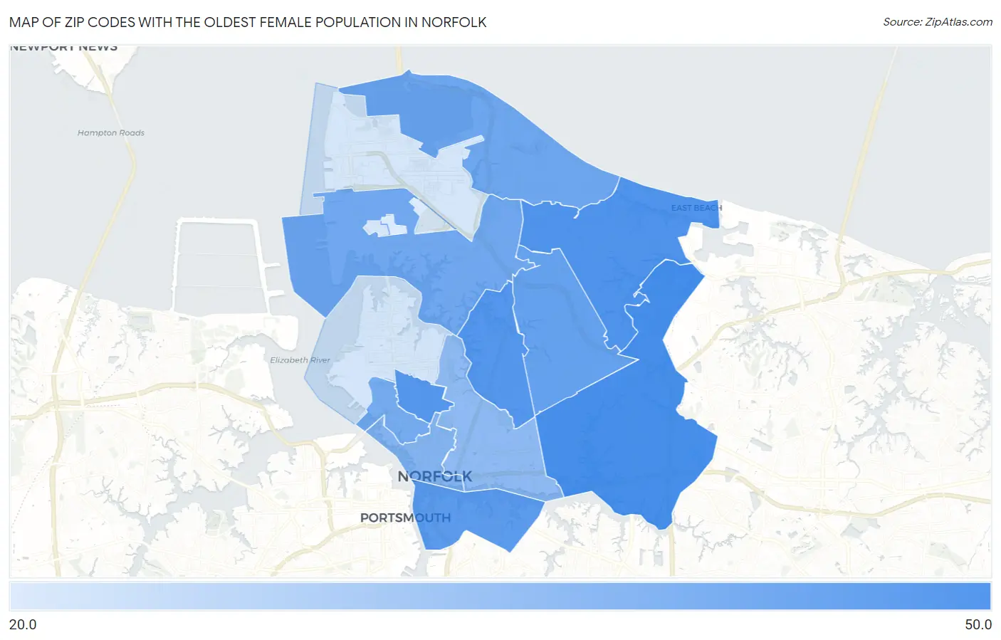 Zip Codes with the Oldest Female Population in Norfolk Map