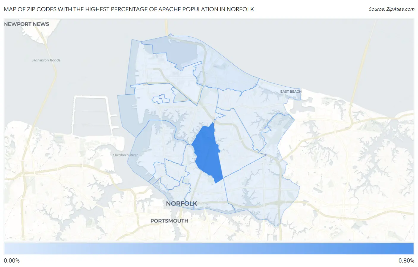 Zip Codes with the Highest Percentage of Apache Population in Norfolk Map