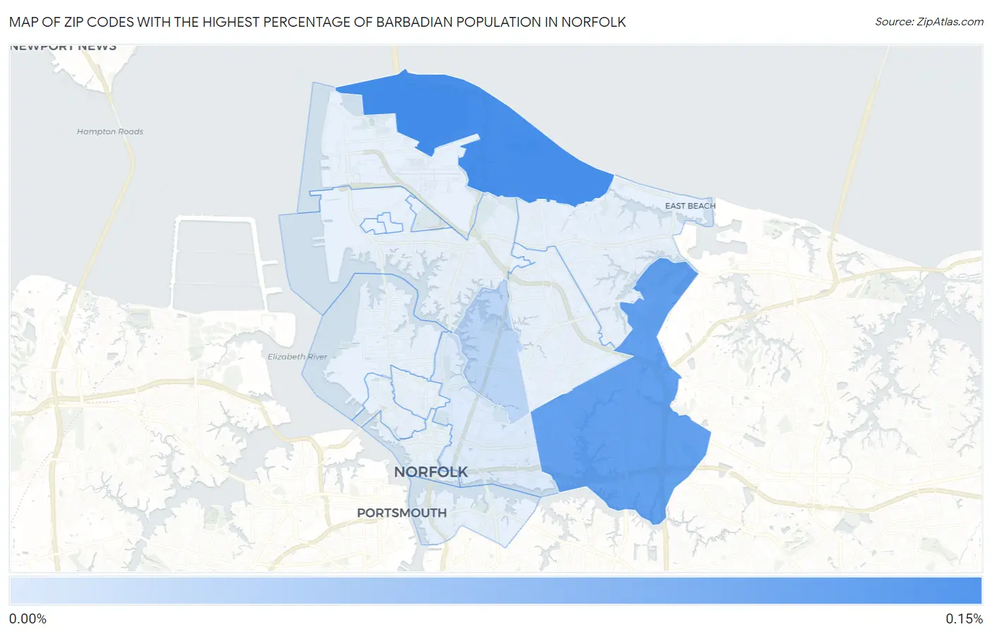 Zip Codes with the Highest Percentage of Barbadian Population in Norfolk Map