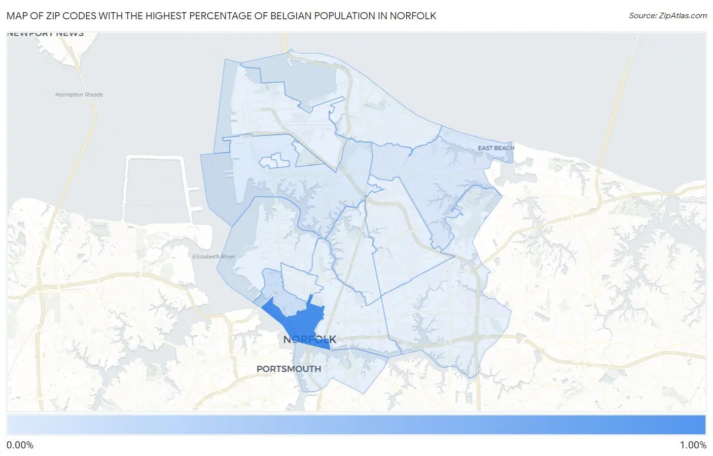 Zip Codes with the Highest Percentage of Belgian Population in Norfolk Map