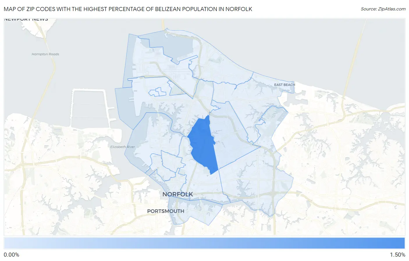 Zip Codes with the Highest Percentage of Belizean Population in Norfolk Map