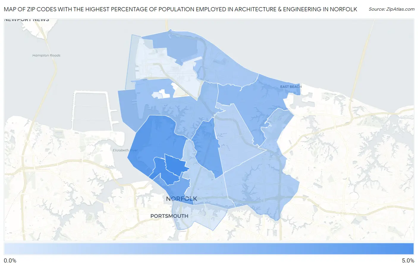 Zip Codes with the Highest Percentage of Population Employed in Architecture & Engineering in Norfolk Map