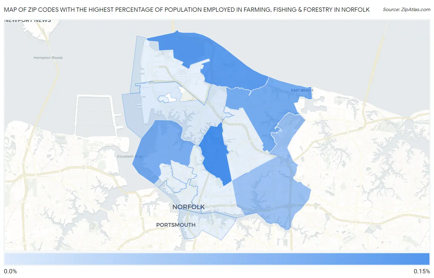 Zip Codes with the Highest Percentage of Population Employed in Farming, Fishing & Forestry in Norfolk Map