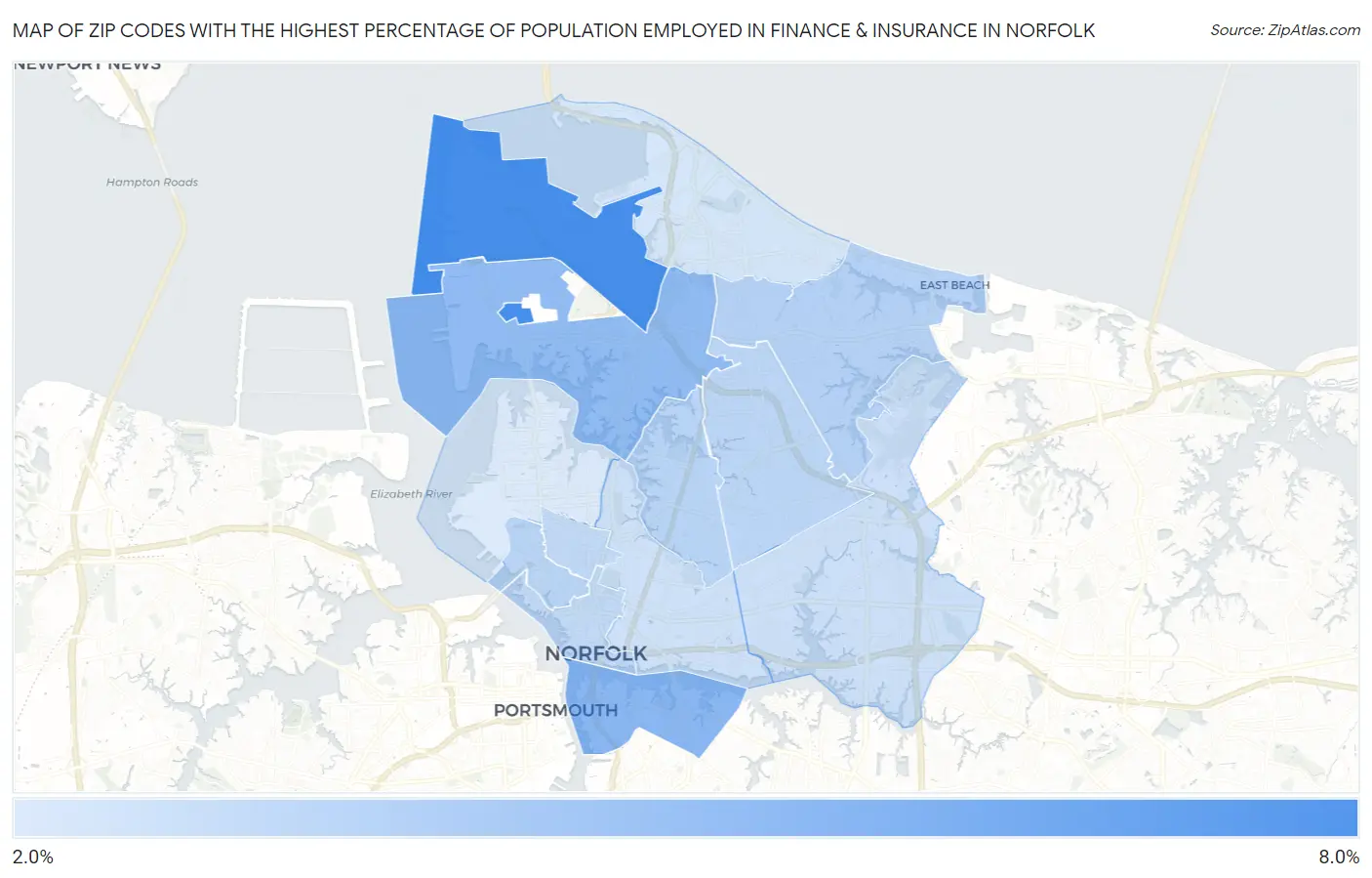 Zip Codes with the Highest Percentage of Population Employed in Finance & Insurance in Norfolk Map
