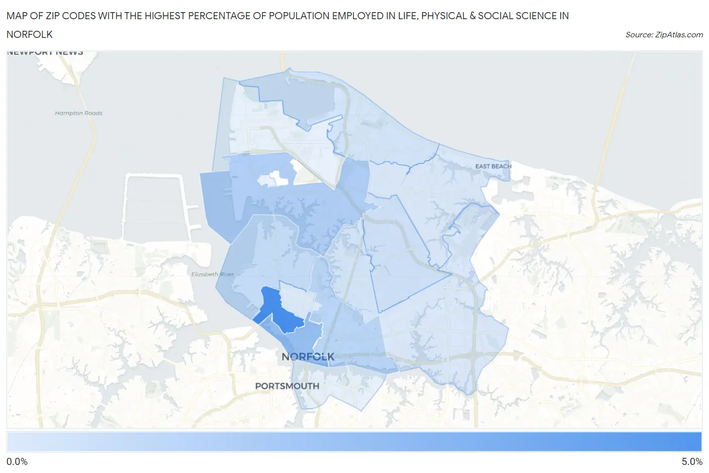 Zip Codes with the Highest Percentage of Population Employed in Life, Physical & Social Science in Norfolk Map