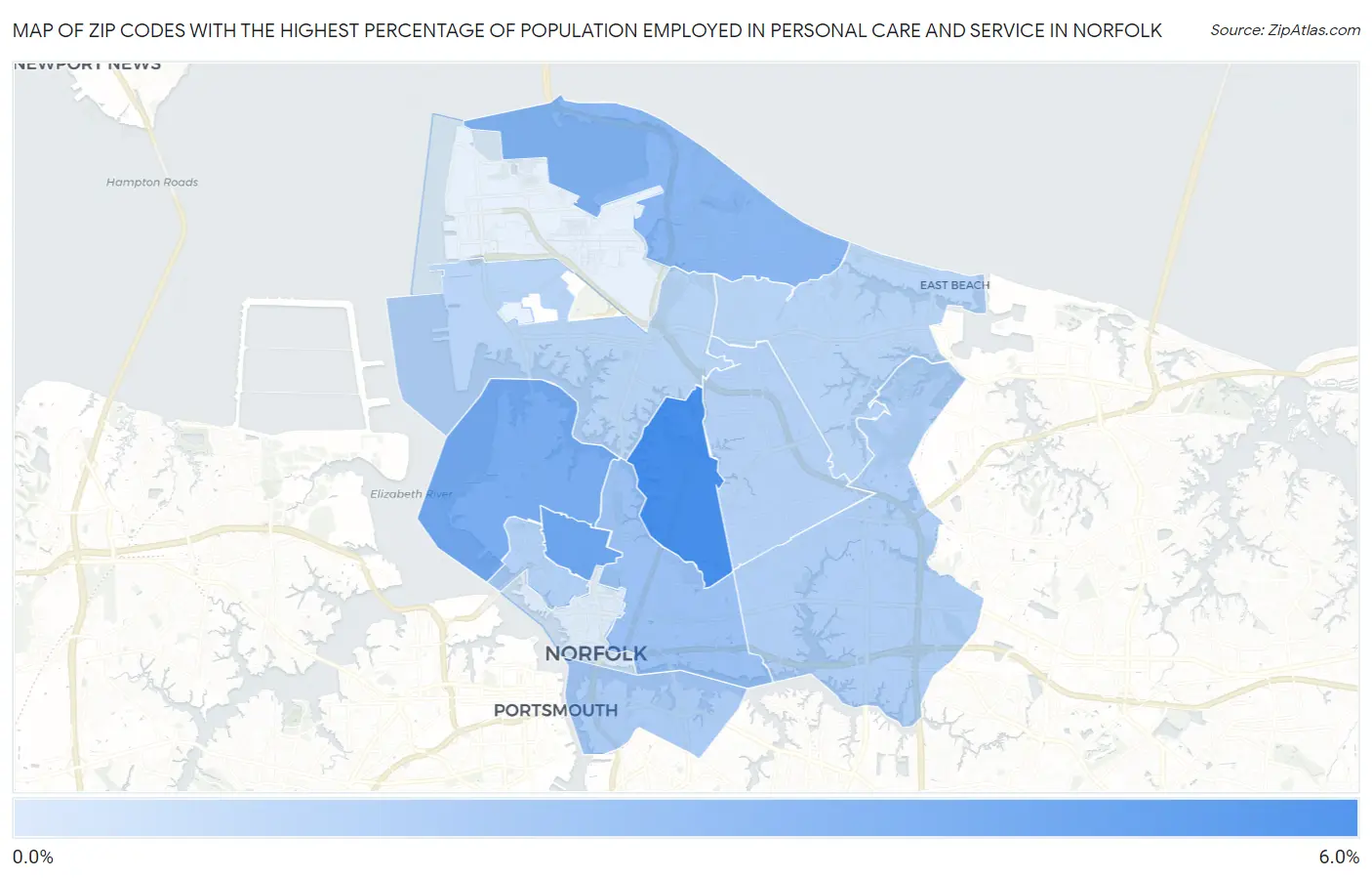 Zip Codes with the Highest Percentage of Population Employed in Personal Care and Service in Norfolk Map