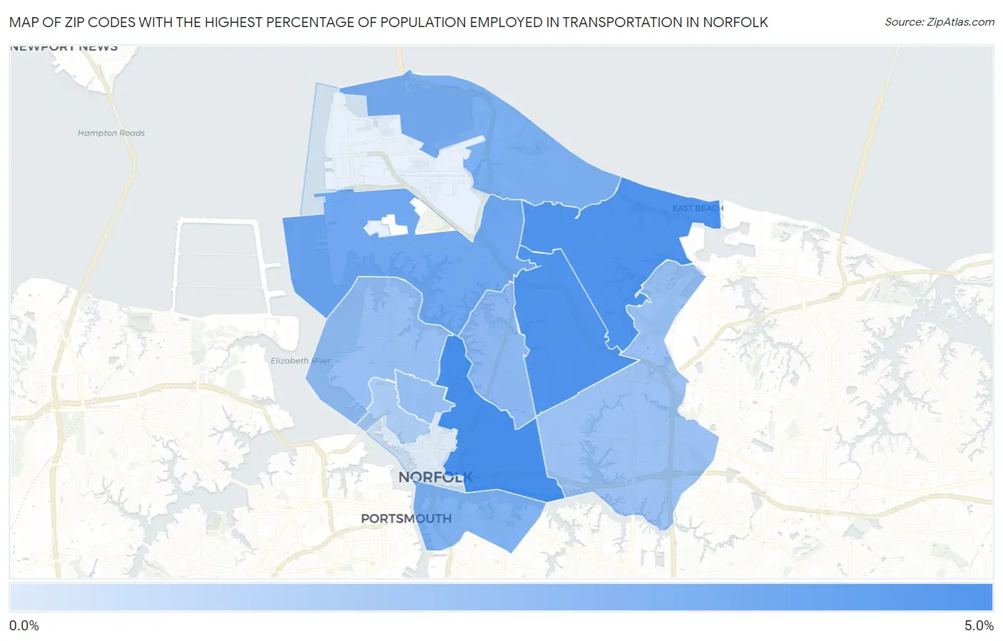 Zip Codes with the Highest Percentage of Population Employed in Transportation in Norfolk Map